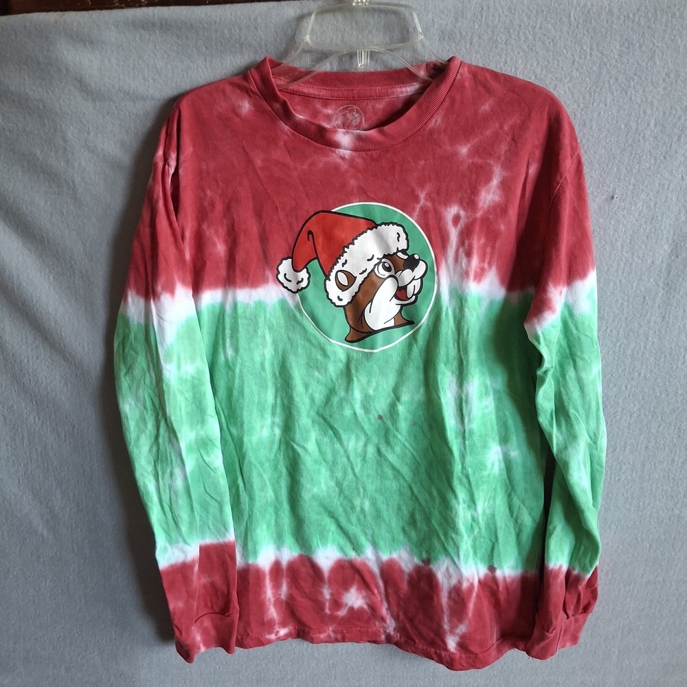 Buc-ee's Christmas Long Sleeve Shirt Youth Large YL Red Green Tie Dye Santa Hat